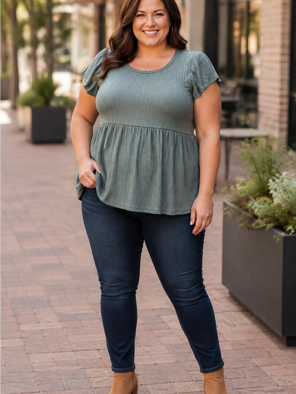 Just Be Women’s 1X Sage Green Ribbed Knit Babydoll Tunic Top